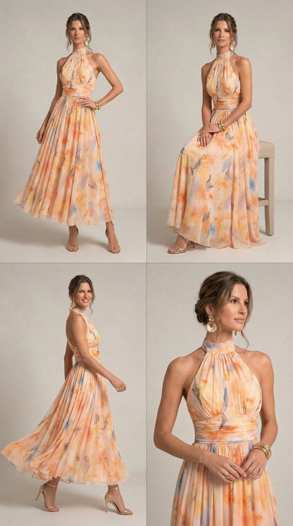 ESTHER — Robe Halter à Imprimé Aquarelle