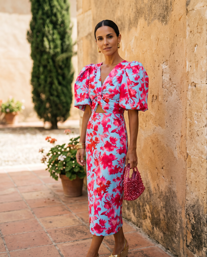 CARLA — Robe Midi à Imprimé et Manches Bouffantes