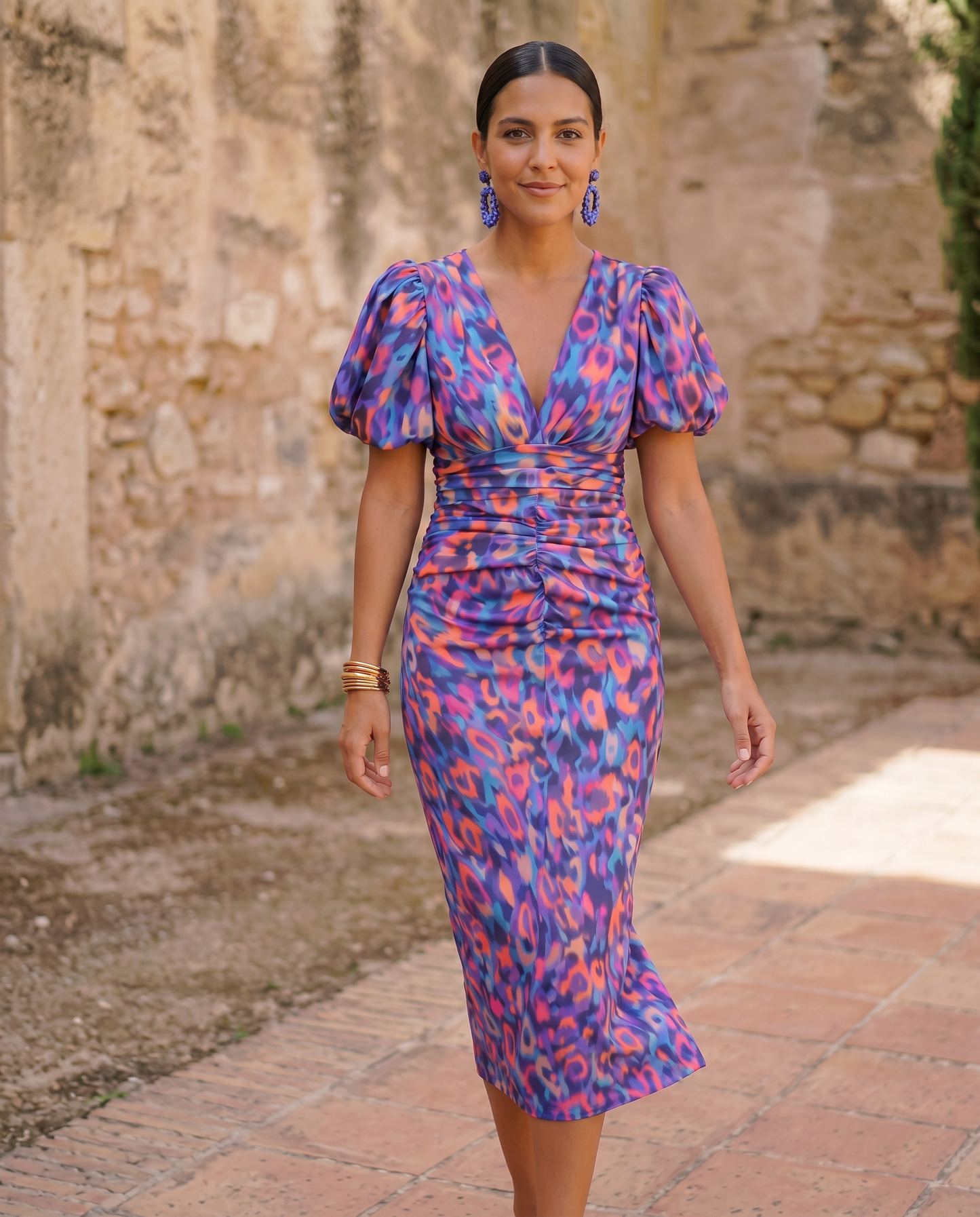 CARLA — Robe Midi à Imprimé et Manches Bouffantes